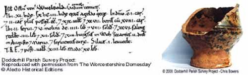 An extract from the Worcestershire Domesday, and a Mediaeval Malvernian pot found in Dodderhill