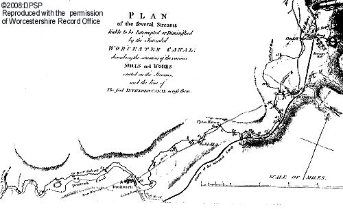 Part of the plan of the proposed Worcester Canal, showing the stretch from Upton Warren to Droitwich